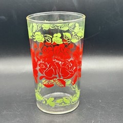 Vtg Tumbler Water Glass 1950s Drinking Red Rose Flowers Floral Green