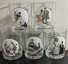 Vintage Norman Rockwell Saturday Evening Post Rocks Glasses Set of 5 Barware EUC