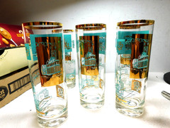 6 Vintage Libbey Southern Comfort Riverboat Highball Glass Tumblers/ Aqua+ Gold
