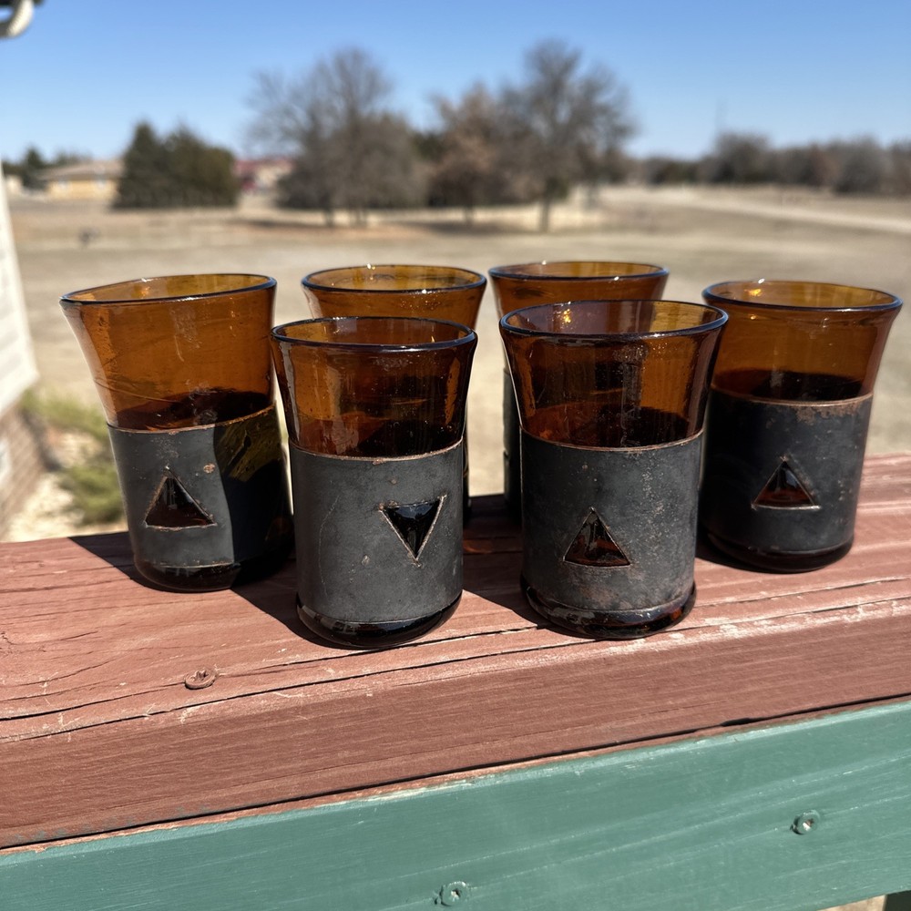 VTG MCM Amber Mexican Imprisoned Glass Tumblers Felipe Derflinger Brutalist (6)