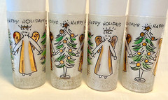 SET OF 4 Vintage JOHN SUTTON Gold ANGELS & TREES Frosted Glass Tumblers RARE