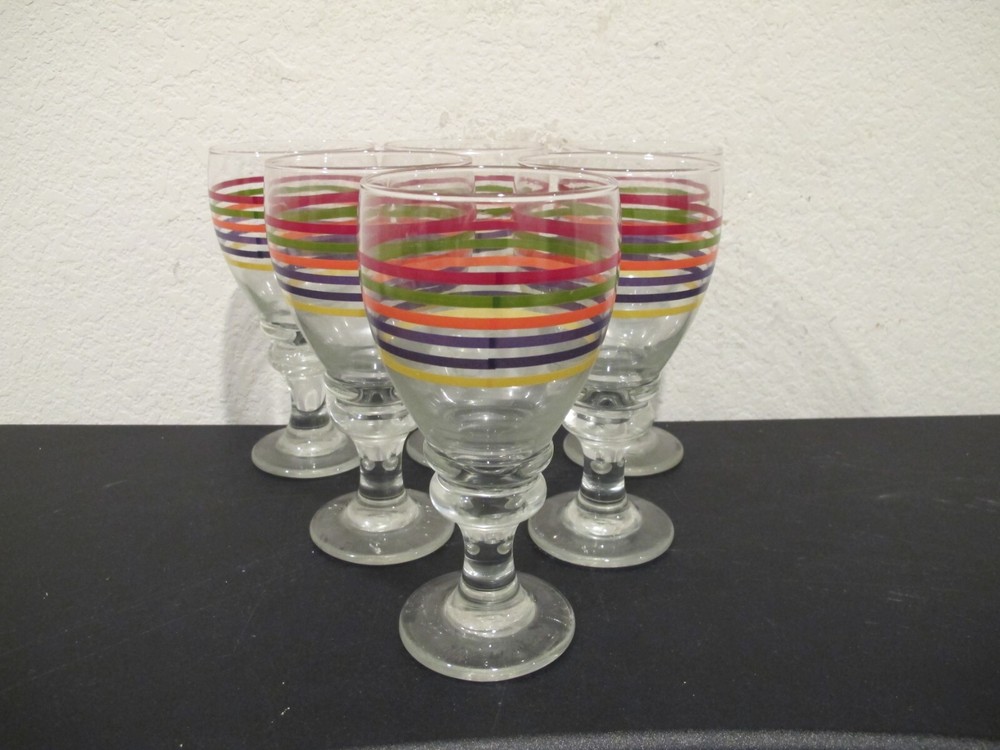 (6) Libbey Glass Rainbow Striped Fiesta Stemmed Goblets / Glasses