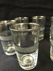 Beverage Glasses 5 Total Retro Silver Rim and Imprint Vintage Used