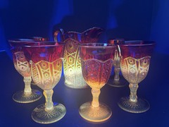 VTG Indiana Heirloom Cadmium Glass Amberina Iridescent Pitcher&6 Goblets Set EUC