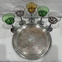 Art Deco Garner Brothers Krome Kraft 1940’s Cocktail Glasses & Silver Plate Tray