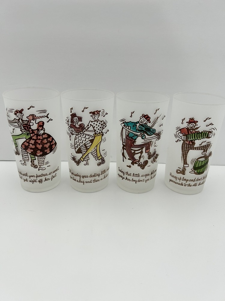 Vtg Drinking Glasses Set Hillbilly Square Dancers Frosted Federal High Ball
