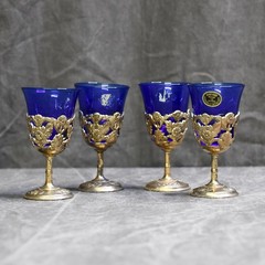 Vintage Mid-Century Cobalt Blue Cordial Glasses Floral Silverplate 3.5in Set 4