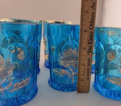 6 Antique Vintage Northwood Glass Blue Oriental Poppy Gold Tumblers 4 1/4″ Tall