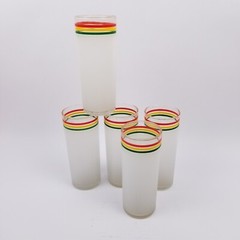(5) VTG Libbey Fiesta Frosted Red Green Yellow Stripe Collins Cooler Glasses