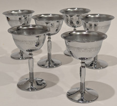 Art Deco Metal Wine Cocktail Goblet Etched Silver Chrome Plated Vintage Set/6
