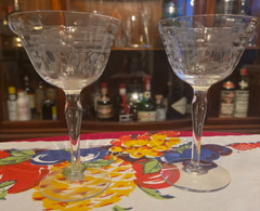 Vintage Mid Century Paneled Floral Grid Etched Cocktail Coupe Glass 6.25″ Pair