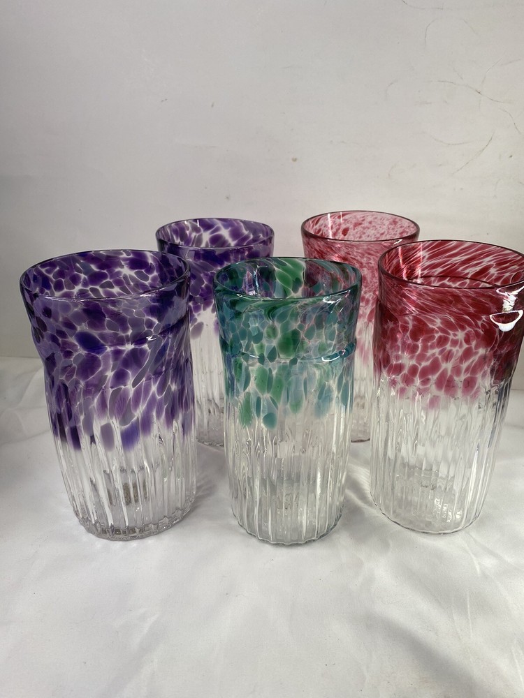 Set 5 Handblown Art Glass Tumblers Artist Signed Multicolored Pink Purple Aqua