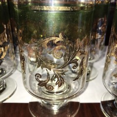 Set 6 Deep Goblets/Desert Embossed Gold Leaf Green Shadow Drink Glass Culver MCM