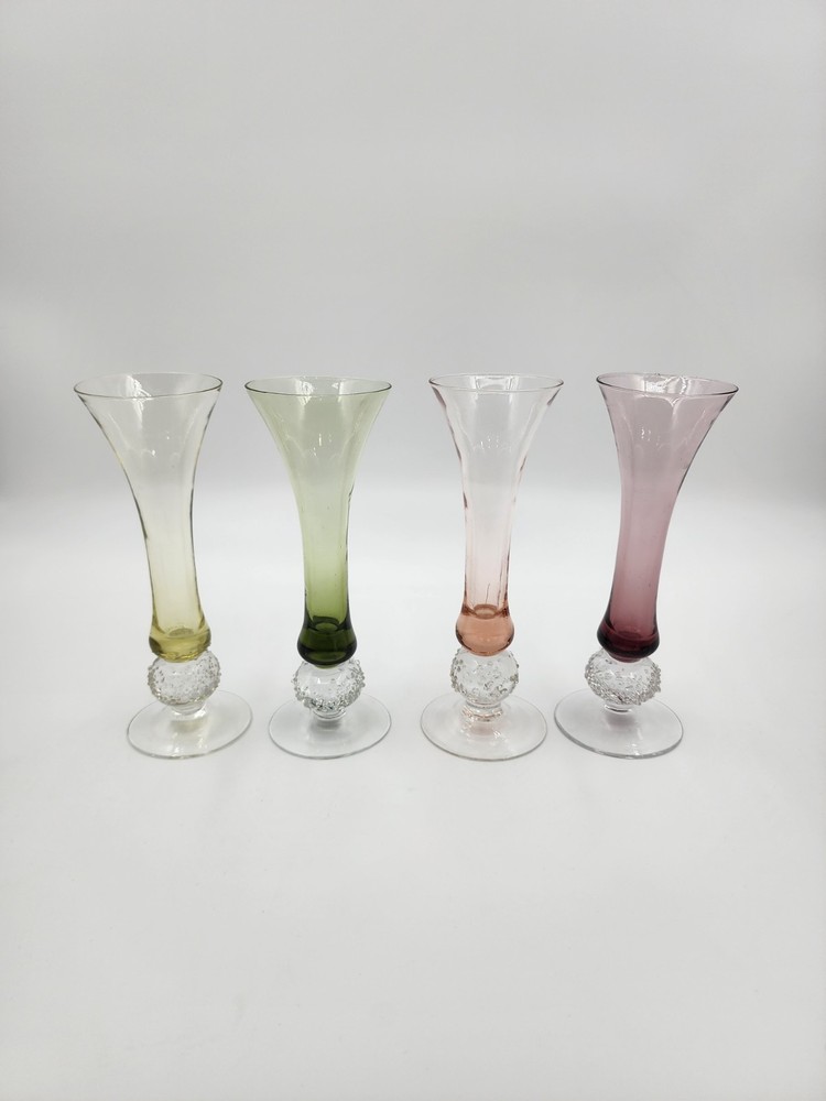 Vintage Hand Blown Glass Multi-color Champagne Flutes with Icy Ball Stems 2.5oz
