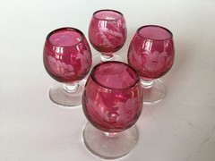 Red Cranberry Wine Decanter And Glasses Etched/Cut Floral Bohemian Vintage