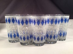 West Virginia VTG Rainer Blue White HIGHBALL SET 5 COCKTAIL GLASSES 5 1/2” MCM