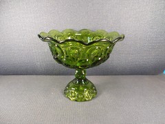 L E Smith Glass Moon & Star Green Pat. Crimped Compote 6 3/4″ tall x 8 1/8″ wide