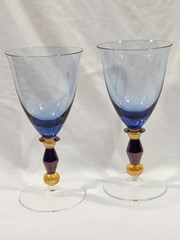 Mikasa Estate Slate Blue Wine Goblets Set of 2 Blown Glass Amber Stem Vtg