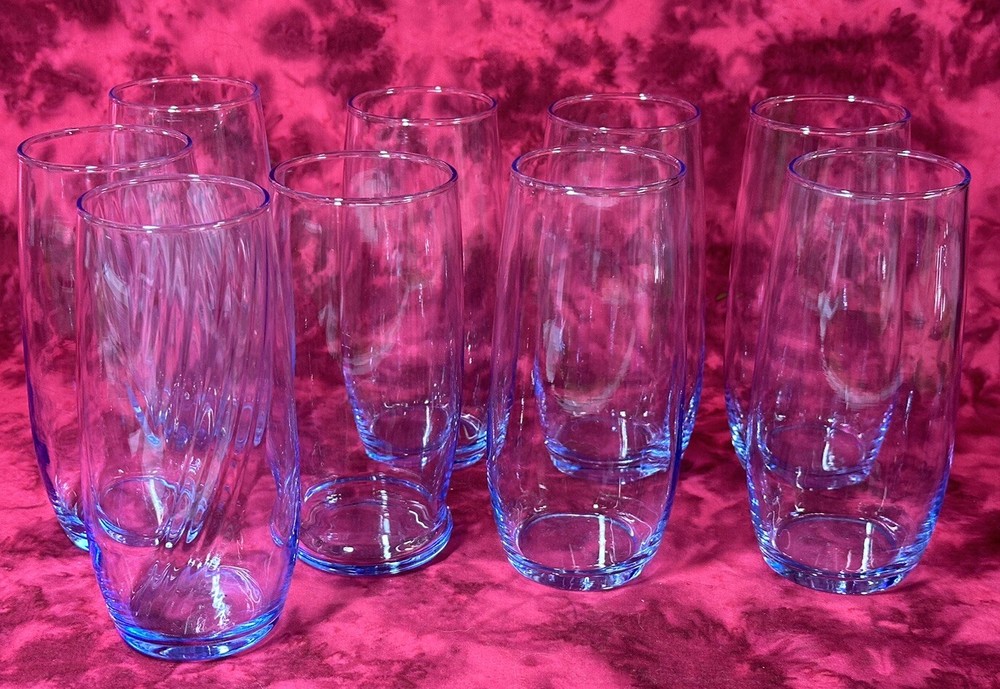 Blue Tinted Glass Tumblers 6 1/4” Set Of 9 (2 Slightly Different)