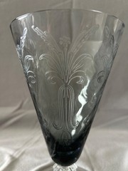 Fostoria Nouveau Etched Smoke Grey Ice Tea Goblets, Four (4), with labels, HTF!