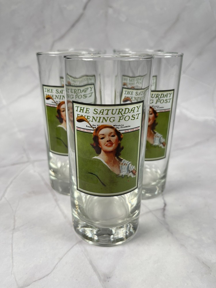 Vintage Saturday Evening Post Portrait Of Lady Golfer 1933 Highball Glass x5