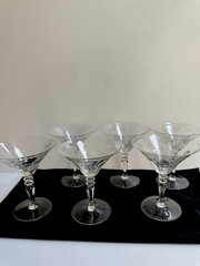 VTG 50s CLEAR HAND CUT PANEL PLANT 5.5”H KNOB STEM CHAMPAGNE/SHERBET SET OF 6