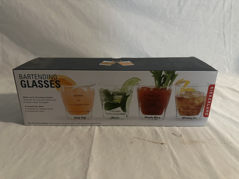 BAR GLASSES (Set Of 4) Kikkerland Recipe Clear Thick Heavy, UNIQUE Design.