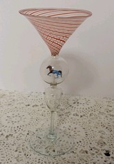1930’s BIMINI BLOWN SWIRL ART GLASS GOBLET WITH BUBBLE ANIMAL HORSE STEM 7″H