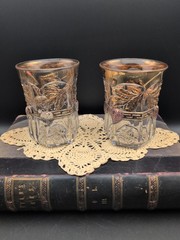 PAIR 1911 Antique Indiana Glass Paneled Strawberry Tumblers Gold Trim 8 oz Key