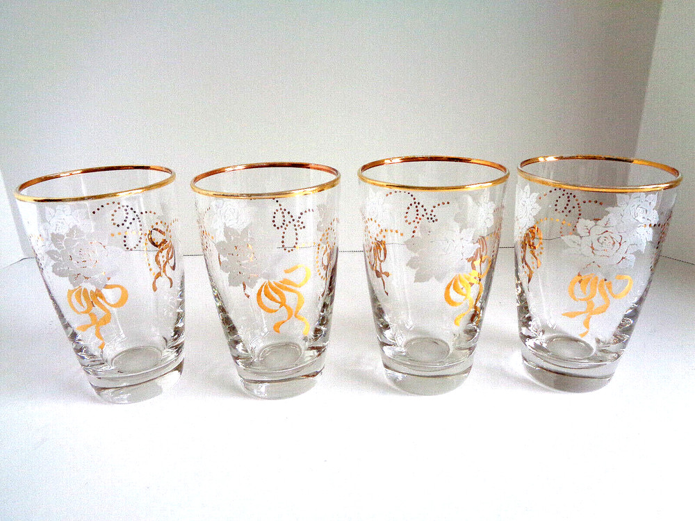 Lot Set 4 Libbey Flat Tumbler Drinking Glasses 8oz White Rose Gold Ribbon & Rim