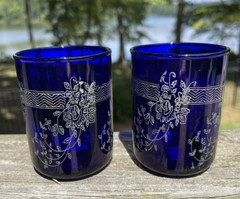 Cobalt Blue W Silver Floral Bar or Juice Glasses Made in Portugal – Set of 2