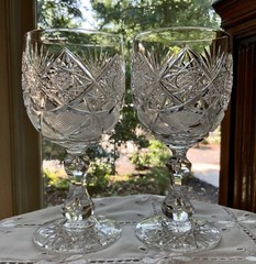 ELMIRA #17 AMERICAN BRILLIANT CUT GLASS WATER WINE GOBLETS (5) C.1903 6 3/4″H