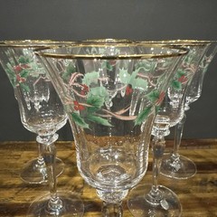 Vintage 80s Mikasa Crystal Ribbon Holly hand blown Set of 6 Glasses Gold Rim