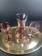 Vtg-Cranberry Glass Wine Carafe W/ Matching Wine Glasses- Etched Rose-iridescent