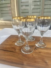 Vintage MCM Wine Glasses Set of 4 Gold Etched Rim Elegant Barware 6.75” Tall