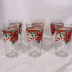 Vtg Set Of 6 KIG Poinsettia & Holly Berry Pattern Christmas 16 Oz Glasses