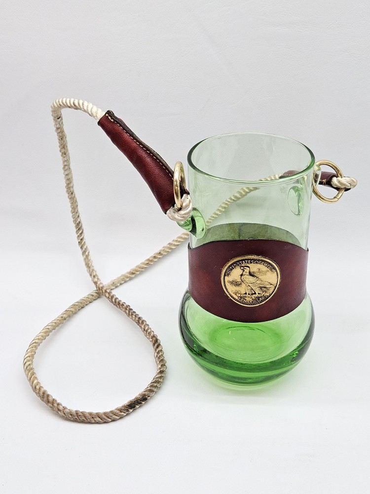 Vntg Blown Green Glass Leather Hands Free Cocktail Beer Tumbler Lanyard w/Image