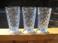Indiana Glass Whitehall Cubist Set of 3 Blue Iced Tea Tumblers 6 1/8″ footed