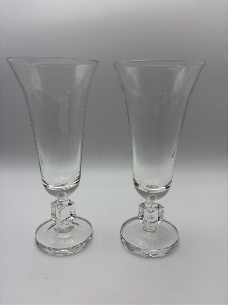 Fluted Champagne Glasses Set 2 W/square Stem Thick Base 6.25” Tall Clear Glass