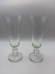 Fluted Champagne Glasses Set 2 W/square Stem Thick Base 6.25” Tall Clear Glass