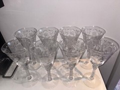 2 Vintage Floral Etched 9-Ounce Crystal 7 1/4″ Tall Water Goblet
