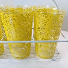 Vtg MCM Yellow Spaghetti String Rubber Coated Drink Glasses SET OF 6 – W/Carrier