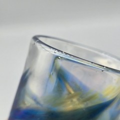 David Salazar Studio Art Glass Tumbler Iridescent Blue Pulled Feather 4″ Signed