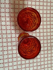 L.E. Smith Moon & Stars 2 glass goblets Amberina Red color excellent 3 3/4” high