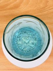 Antique 1886 Canton Glass Blue Uranium Etched Tumbler Daisy & Button EAPG