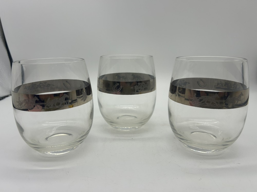Set Of 3 VTG 1970 Dorothy Draper Style SILVER BAND Tumblers HORSE RACING JOCKEYS