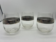Set Of 3 VTG 1970 Dorothy Draper Style SILVER BAND Tumblers HORSE RACING JOCKEYS