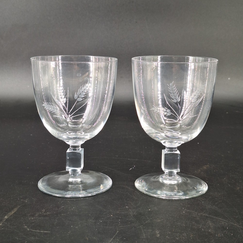 2 Vintage Etched Clear Wine Glasses Etched Wheat Pattern 5″ Tall