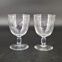 2 Vintage Etched Clear Wine Glasses Etched Wheat Pattern 5″ Tall