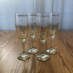 Iridescent Yellow Luster Champagne Flute SET OF 4 Silver Filigree Gold Trim